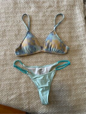 ARIE Pastel Plaid Triangle Bikini Top & Boutine LA Mint Teal Strap Bottom